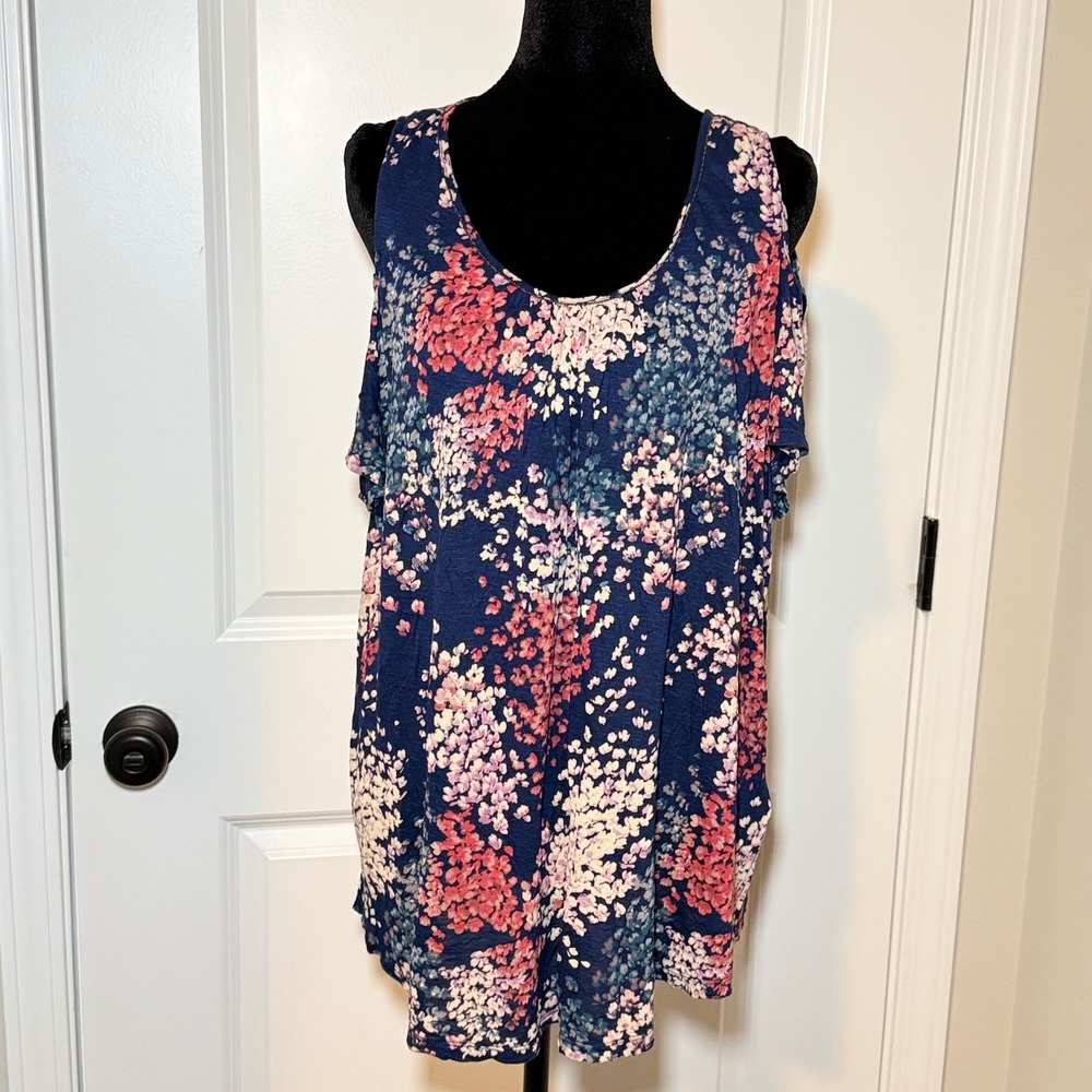 Lucky Brand Blue Floral Cold Shoulder Top Womens XL Boho